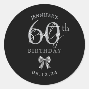 Silver Coquette Bow 60th Birthday Party Black Classic Round Sticker