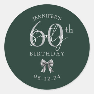Silver Coquette Bow 60th Birthday Party Green Classic Round Sticker