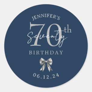 Silver Coquette Bow 70th Birthday Party Navy Blue Classic Round Sticker