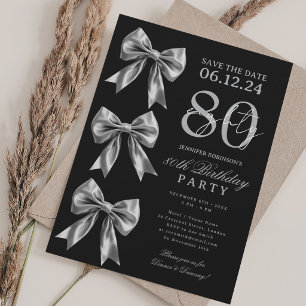 Silver Coquette Bow Save Date 80th Birthday Black Invitation