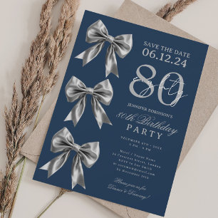 Silver Coquette Bow Save Date 80th Birthday Navy Invitation