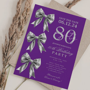 Silver Coquette Bow Save Date 80th Birthday Purple Invitation