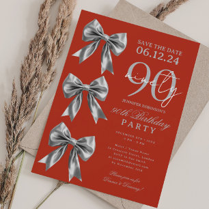 Silver Coquette Bow Save Date 90th Birthday Red Invitation
