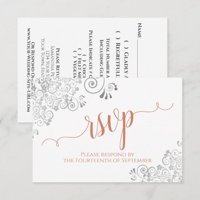 Silver & Coral on White Elegant Script Wedding RSVP Card (Front/Back)