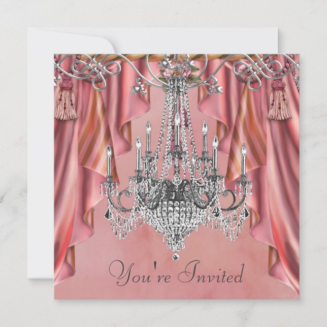 Silver Coral Pink Chandelier Party Invitation (Front)