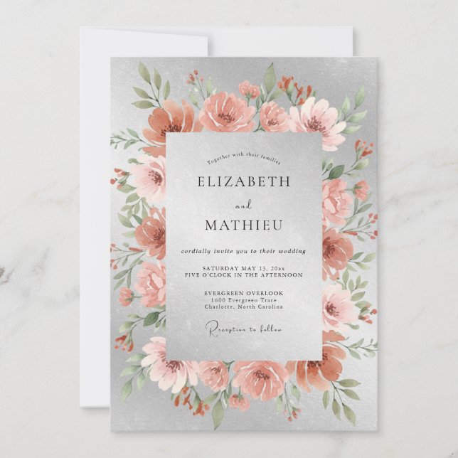 Silver Coral Ranunculus Eucalyptus Wedding Invitation (Front)