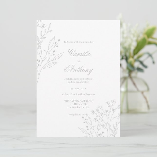 Silver Corner Floral Boho Wedding Invitation (Standing Front)