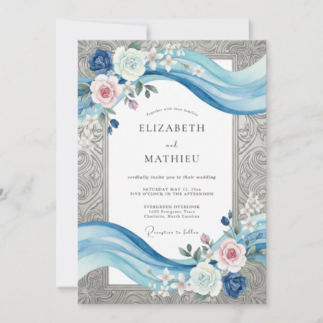 Silver Cornflower Ribbon Eucalyptus Wedding Invitation (Front)