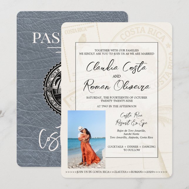 Silver Costa Rica Passport Wedding Invitation (Front/Back)