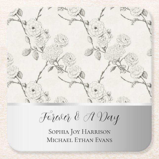 Silver Cream Black Fall Flowers Wedding  Square Paper Coaster (Front)