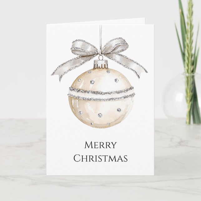 Silver Cream Bows Ornaments Christmas Card (Front)