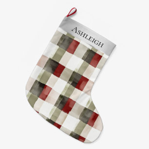 Silver Cream Green Red Plaid Stripes Christmas Large Christmas Stocking