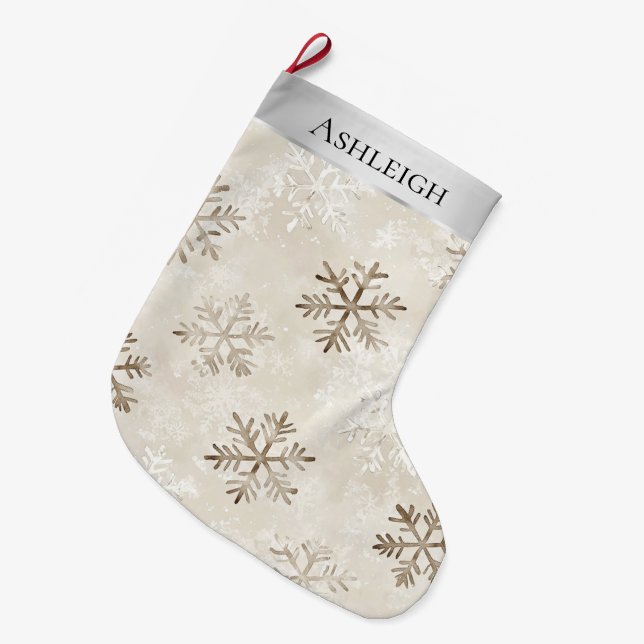 Silver Cream White Snowflakes Christmas   Large Christmas Stocking (Front (Hanging))