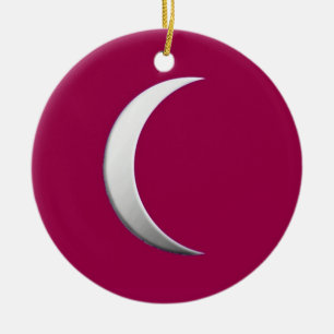 Silver crescent moon - burgundy background ceramic tree decoration