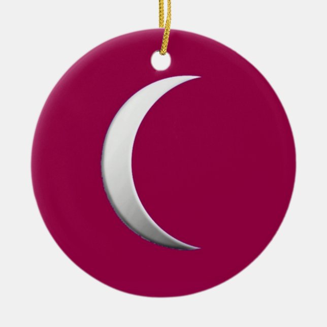 Silver crescent moon - burgundy background ceramic tree decoration (Front)