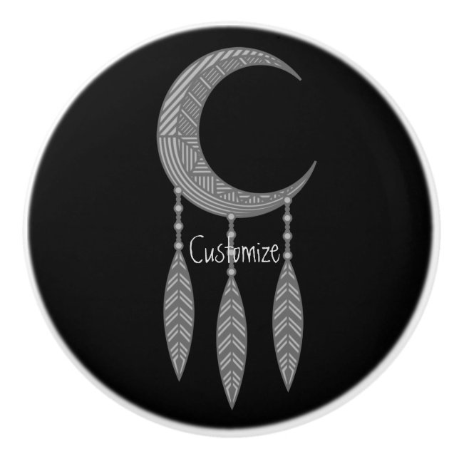 Silver Crescent Moon Feathers Thunder_Cove Ceramic Knob (Front)