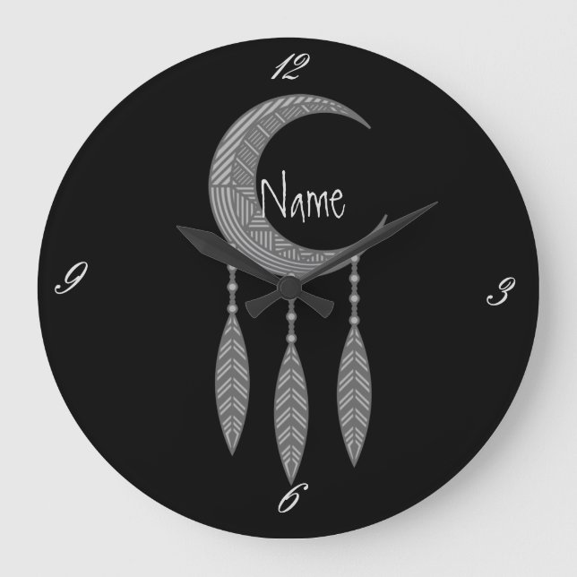 Silver Crescent Moon Feathers Thunder_Cove Large Clock (Front)