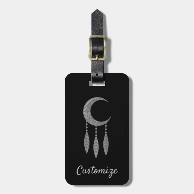 Silver Crescent Moon Feathers Thunder_Cove Luggage Tag (Front Vertical)