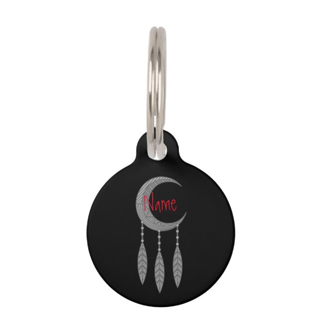 Silver Crescent Moon Feathers Thunder_Cove Pet Tag (Front)