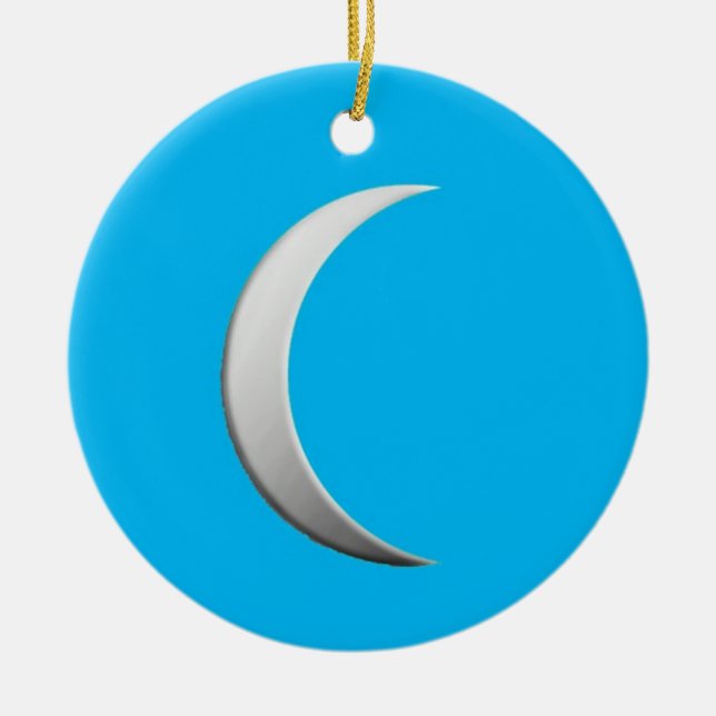 Silver crescent moon - turquoise background ceramic tree decoration (Front)