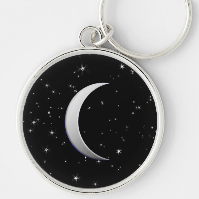 Silver crescent moons - starry background key ring (Front)