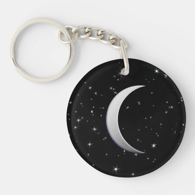 Silver crescent moons - starry background key ring (Front)
