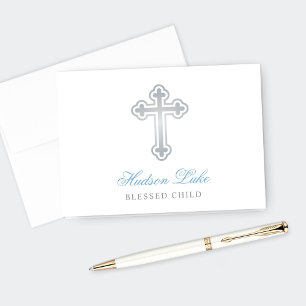 Silver Cross Blue Baby Boy Baptism Thank You Card