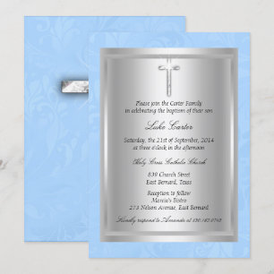 Silver Cross Blue Baptism Christening Invitation
