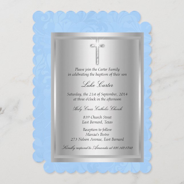 Silver Cross Blue Baptism Christening Invitation (Front/Back)
