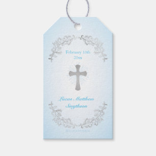 Silver Cross Blue Baptism Gift Tags