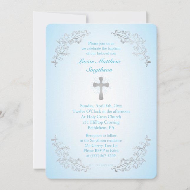 Silver Cross Blue Baptism Photo Invitation (Front)