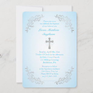 Silver Cross Blue Baptism Photo Invitation