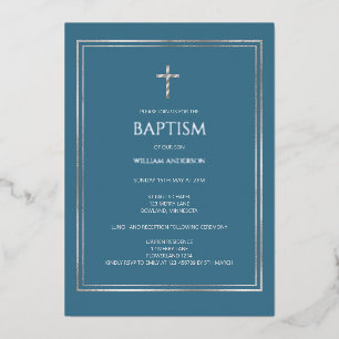 Silver Cross Boy dusty Blue foil Invitation