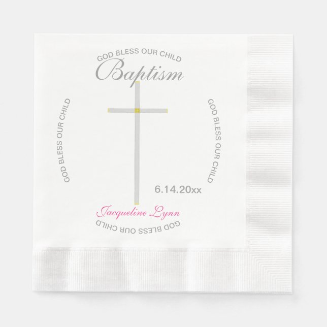 Silver Cross Girl Baptism Pink Napkin (Front)