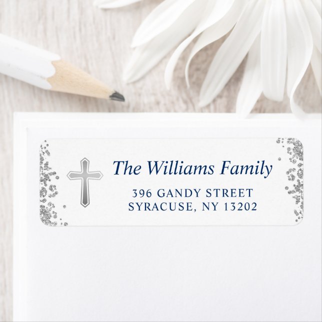 Silver Cross Glitter Religious Return Address (Insitu)