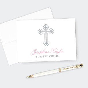 Silver Cross Pink Baby Girl Baptism Thank You Card