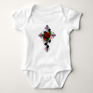 Silver Cross with a Red Rose Baby Bodysuit
