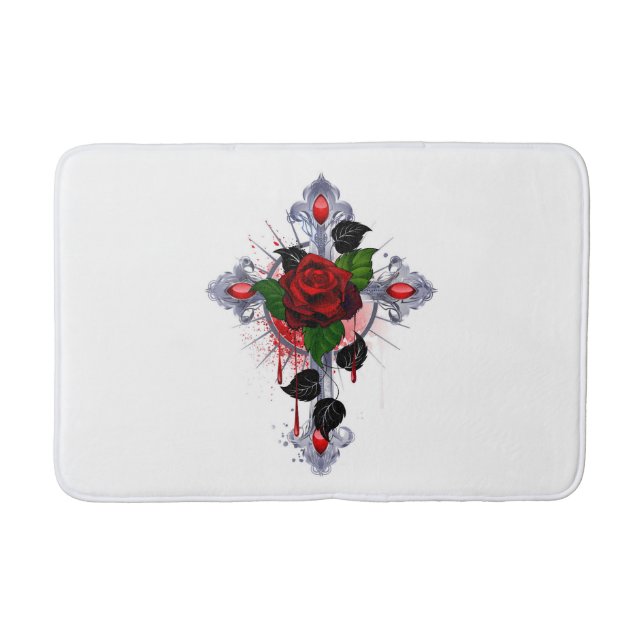 Silver Cross with a Red Rose Bath Mat (Front)