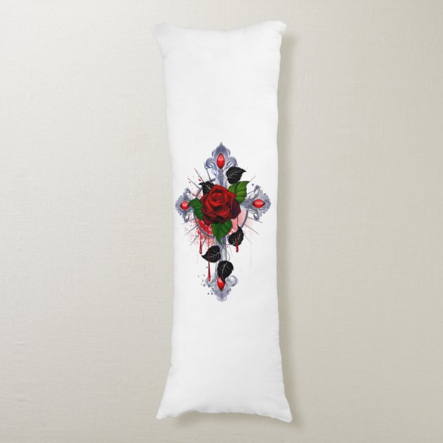 Silver Cross with a Red Rose Body Cushion (Front Vertical)
