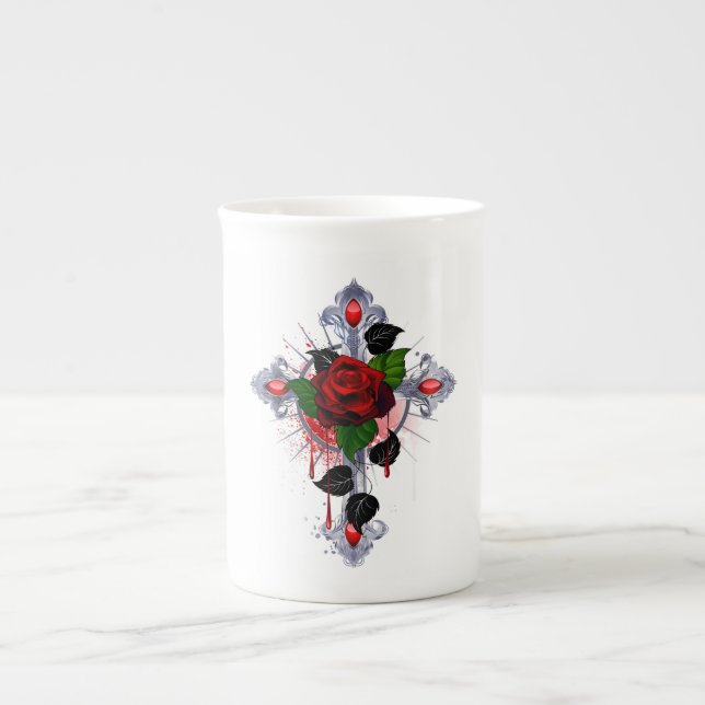 Silver Cross with a Red Rose Bone China Mug (Front)