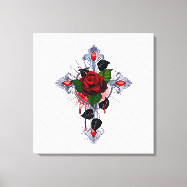 Silver Cross with a Red Rose Canvas Print (Front)