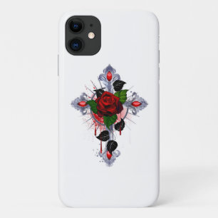 Silver Cross with a Red Rose iPhone 11 Case