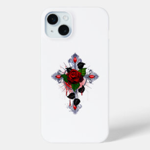 Silver Cross with a Red Rose iPhone 15 Mini Case