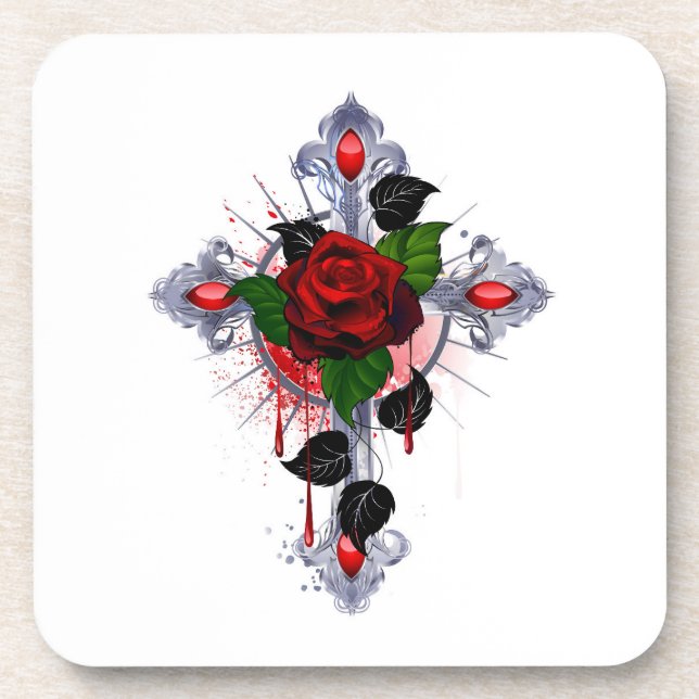 Silver Cross with a Red Rose Coaster (Front)