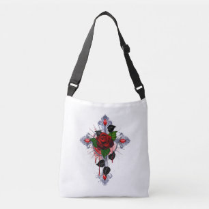 Silver Cross with a Red Rose Crossbody Bag