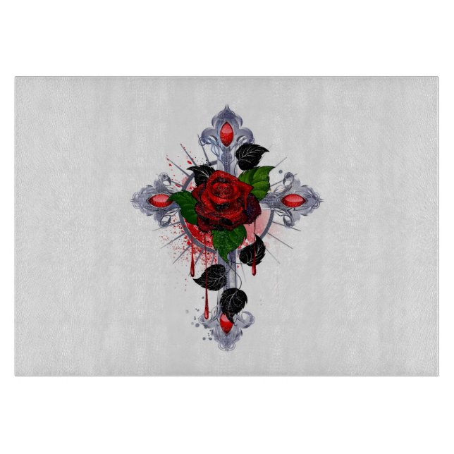Silver Cross with a Red Rose Cutting Board (Front)