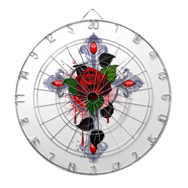 Silver Cross with a Red Rose Dartboard (Front)