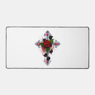 Silver Cross with a Red Rose Desk Mat