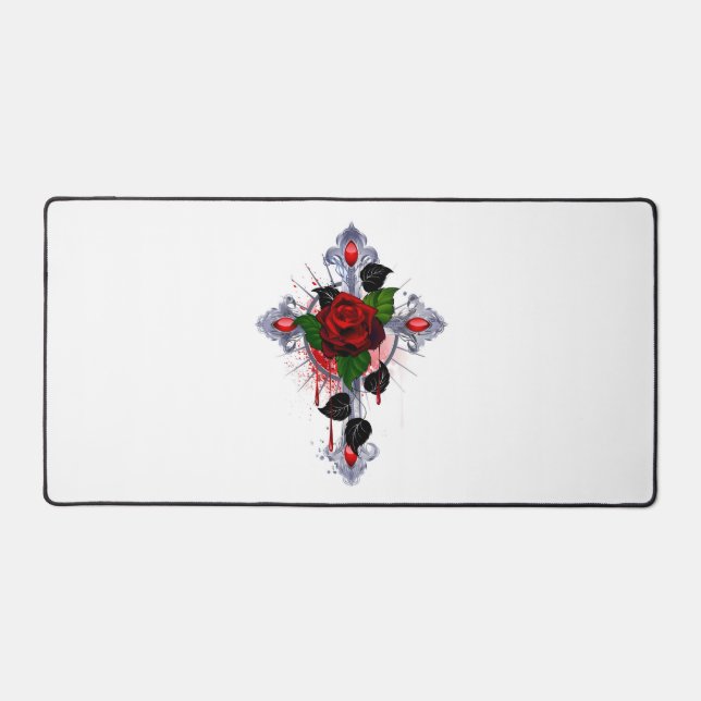 Silver Cross with a Red Rose Desk Mat (Front)