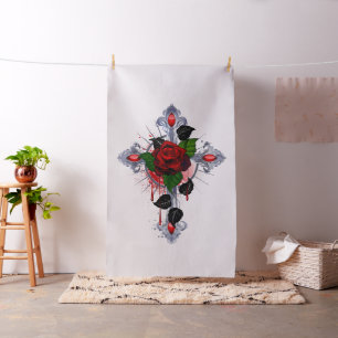 Silver Cross with a Red Rose Fabric